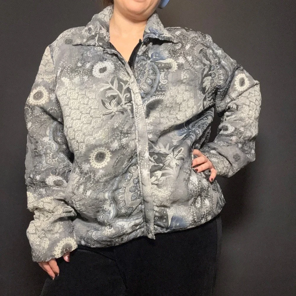Vtg Y2K UbU Reversible Paisley Zip Jacket Metallic Floral Abstract Retro Silvr L